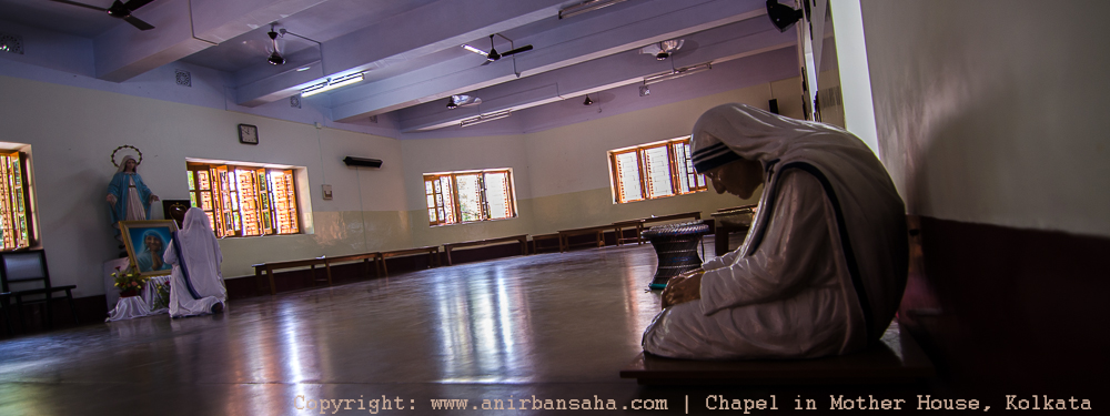 The Chapel inside the Mother House | Statue of Mother Teresa kept at the place she used to sit. 