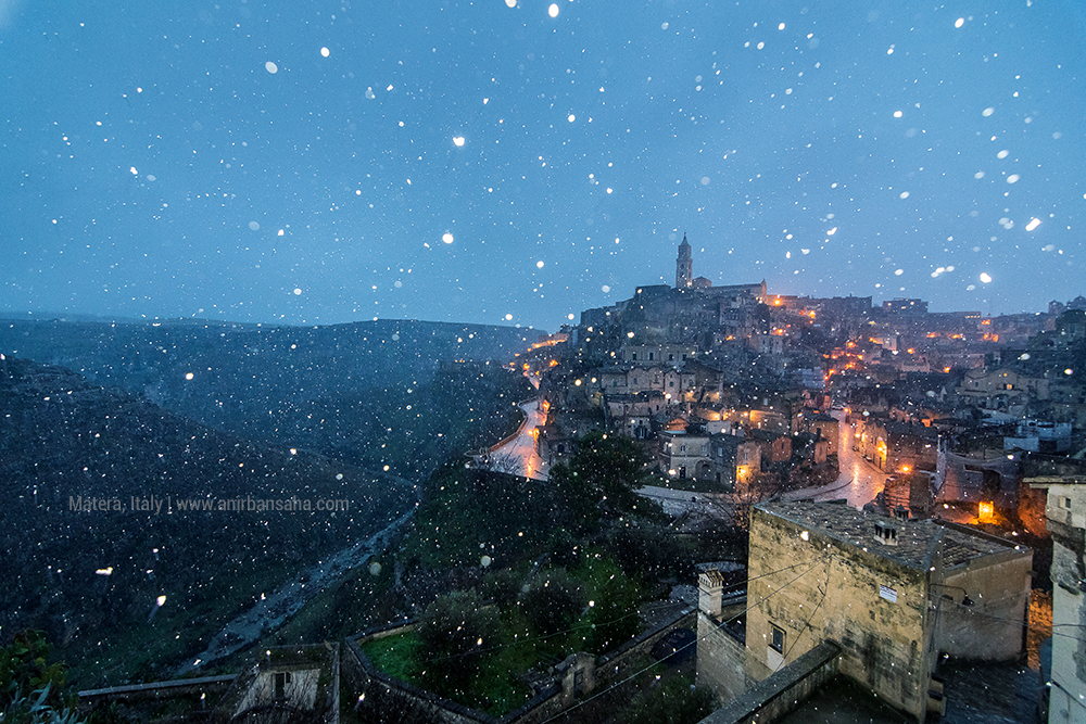 Matera, snow, sunrise